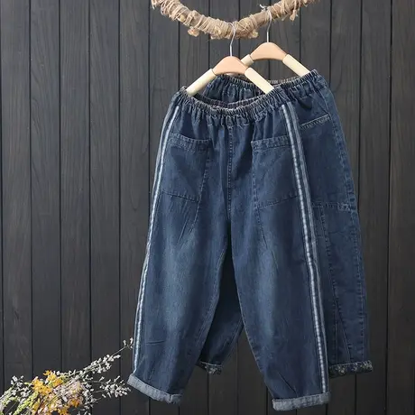 文艺复古侧条拼接牛仔裤女夏季2023年新款宽松休闲百搭七分哈伦裤商品大图