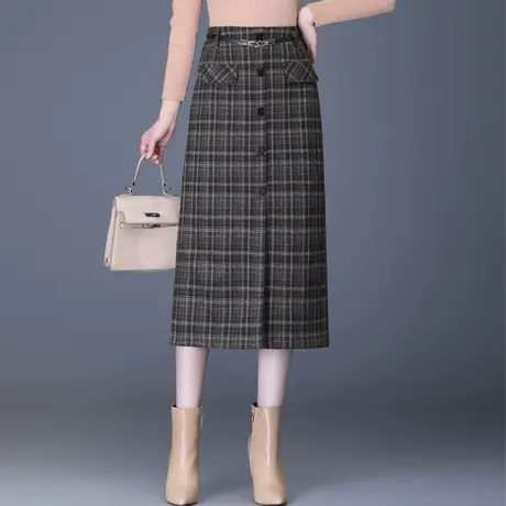 前开叉格子包臀裙女2023新款秋冬毛呢半身裙中长款显瘦直筒一步裙图片