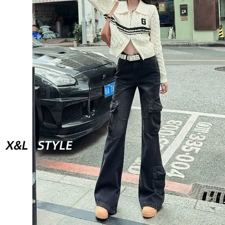 美式辣妹工装裤女春秋2023年新款小个子高腰显瘦直筒马蹄裤牛仔裤商品大图