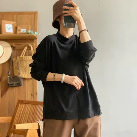 dza复古短款半高圆领双面绒长袖T恤女秋冬内搭上衣宽松漂亮打底衫商品大图