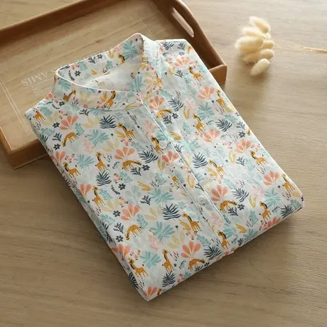 春秋季日系文艺印花双层棉纱长袖立领衬衫女宽松百搭柔软打底上衣商品大图