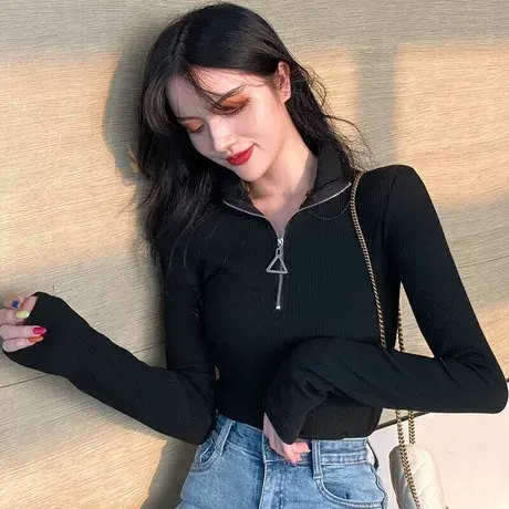 半高领针织衫女2024年春秋新款修身显瘦拉链毛衣洋气内搭打底上衣商品大图