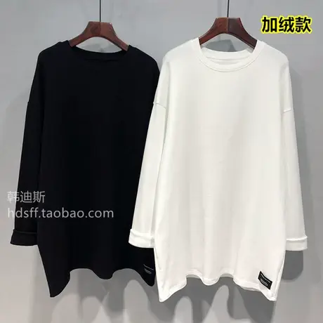 2021秋冬新款衣角标签装饰宽松韩范中长款加绒t恤叠穿打底衫女潮商品大图