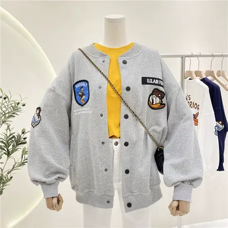 卫衣女春秋薄款2021新款韩版宽松慵懒风bf徽章贴布单排扣夹克外套图片