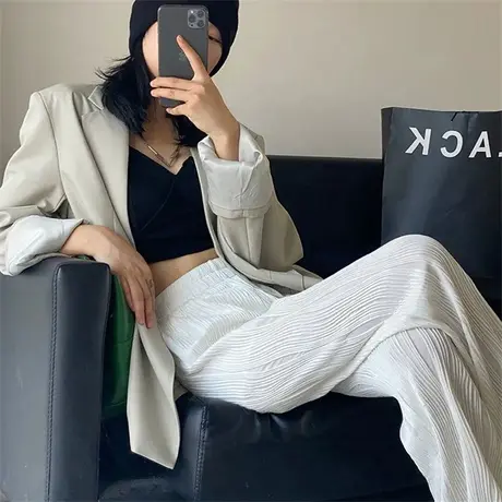 水波纹冰丝阔腿裤女夏季薄款2023新款宽松垂感高腰拖地休闲直筒裤图片