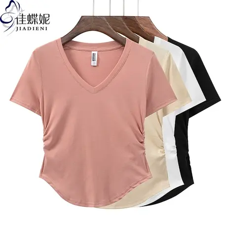 夏季新款V领修身褶皱圆弧纯棉显瘦纯色简约短袖体恤上衣女打底衫商品大图