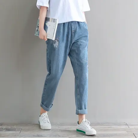 胖妹妹九分牛仔裤女春新款韩版显瘦宽松直筒松紧腰牛仔裤女商品大图