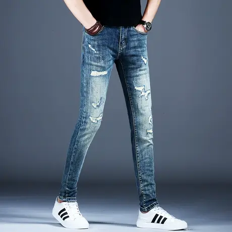 破洞裤子秋冬男款小脚修身牛仔裤高端2023新款痞帅高级感美式高街商品大图