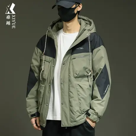 90鸭绒冲锋衣羽绒服男冬季潮牌宽松大码男士加肥加大工装连帽夹克商品大图