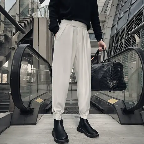 白色搭配马丁靴的裤子垂感高级感炸街魔术贴西裤男加绒工装束脚裤商品大图