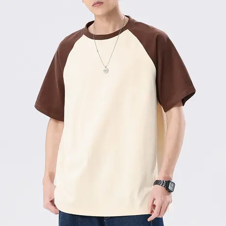 男士拼接插肩t恤男夏季纯棉重磅短袖男款2023新款美式上衣情侣装商品大图