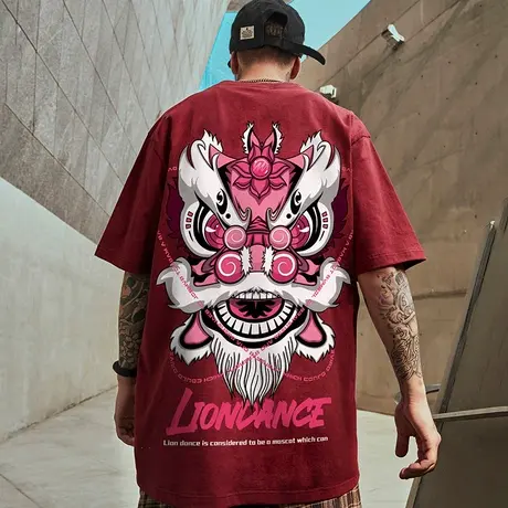 新款短袖男潮国潮中国风胖子男装潮牌醒狮T恤宽松潮流大码半袖夏图片