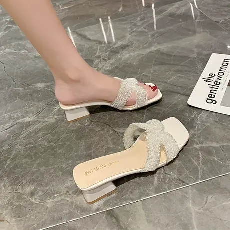 仙女风拖鞋女外穿2024年夏季新款时尚温柔风水钻方头粗跟一字凉拖图片
