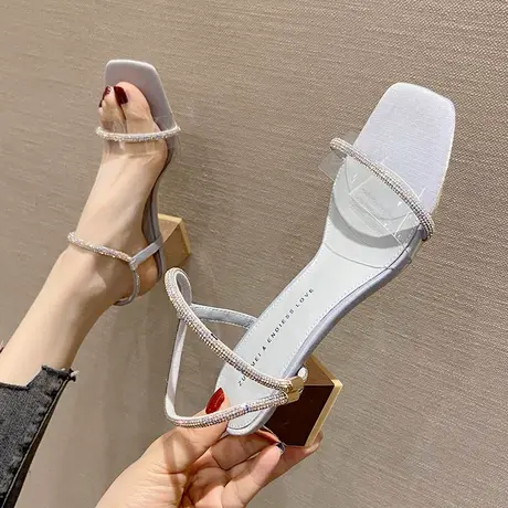 透明一字带水钻凉鞋女粗跟2024年夏季新款方头性感法式露趾高跟鞋图片