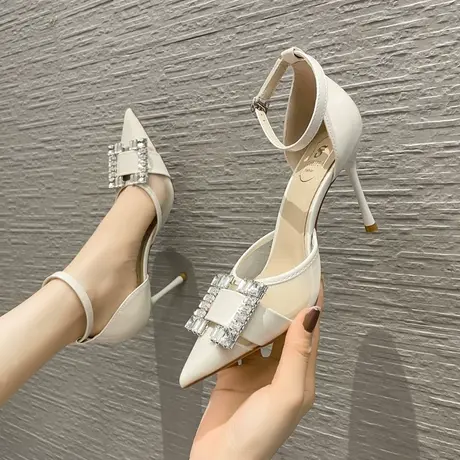 尖头单鞋2024年夏季新款法式粗跟女鞋一字式扣带仙女风包头凉鞋女商品大图