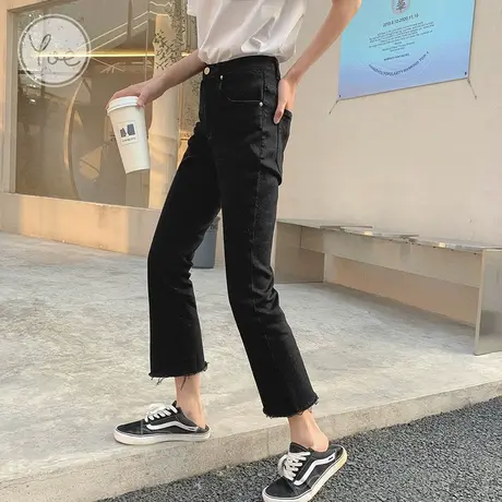 yoe八分牛仔裤女喇叭裤毛边黑色小个子裤子九分裤微喇裤直筒裤ins图片