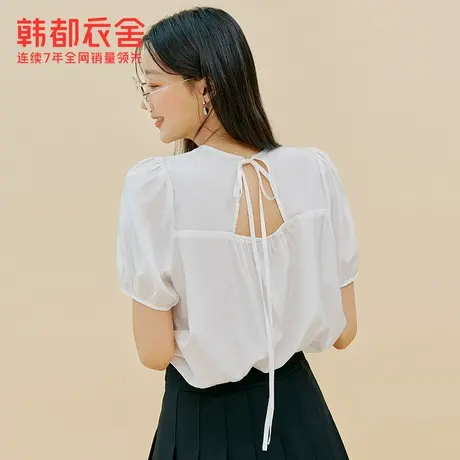 韩都衣舍垂感雪纺衫女夏季新款泡泡系带宽松上衣MX10352图片