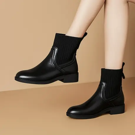 冬季新款短靴女中低跟圆头不挑脚松紧套筒短靴头层牛皮真皮女靴商品大图