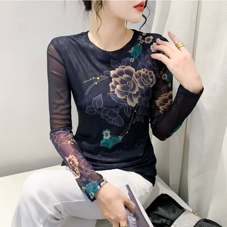 扎染印花网纱T恤女长袖秋冬新款圆领内搭打底衫气质修身显瘦上衣商品大图