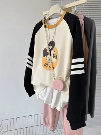 撞色拼接秋冬加绒圆圈卡通图案上衣女款韩系减龄可爱百搭圆领卫衣商品大图