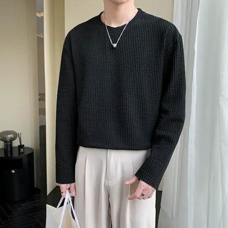 长袖t恤男春秋季纯色纹理休闲上衣ins潮牌圆领内搭长袖T恤打底衫商品大图