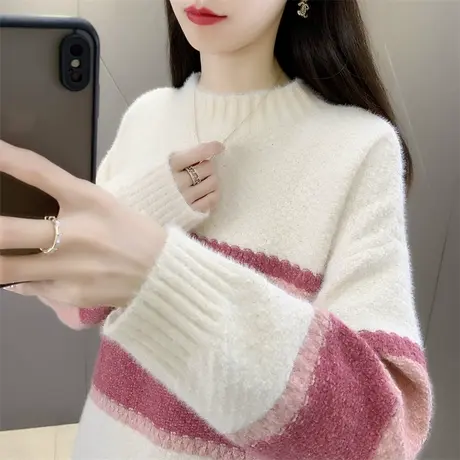 2023秋冬新款时尚慵懒风夹色毛衣女设计感小众加厚保暖针织打底衫商品大图