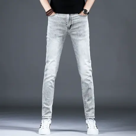2023新款男士牛仔裤子简约黑灰修身弹力小脚裤美式男潮牌休闲百搭商品大图