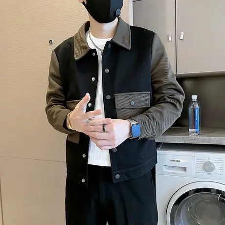 痞帅外套男春秋新款潮牌男装高级感上衣韩版机车拼色休闲夹克褂子商品大图