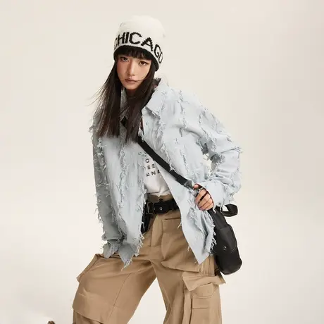 做旧设计感毛边衬衫女春秋2024新款复古上衣宽松oversize小众衬衣商品大图