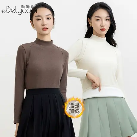 加绒半高领打底衫女秋冬白色内搭修身保暖长袖t恤设计感鱼骨上衣图片