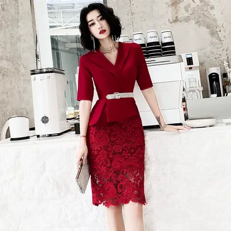 敬酒服新娘2023新款夏季酒红色平时可穿结婚西装领礼服连衣裙包臀商品大图