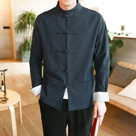 秋季唐装男青年民族风棉麻褂子中国风盘扣外套中式茶服亚麻中山装图片