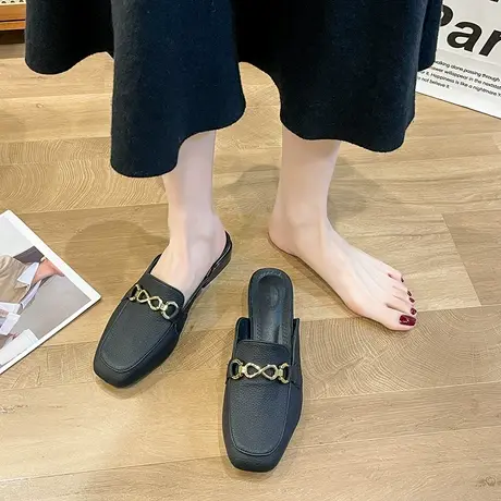 包头拖鞋女外穿2024年新款春夏时尚方头网红半拖鞋粗跟懒人穆勒鞋商品大图