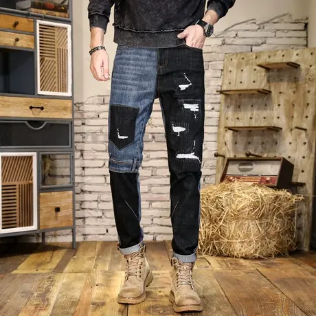 美式高街牛仔裤潮流大码高档潮牌牛仔裤破洞撞色拼接牛仔裤休闲男商品大图