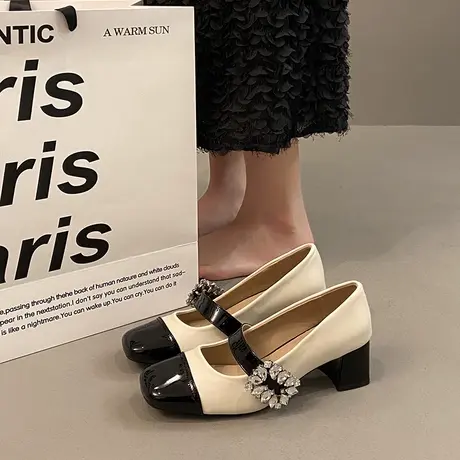 法式小香风粗跟单鞋女2024年春新款银色玛丽珍鞋一字带水钻高跟鞋图片