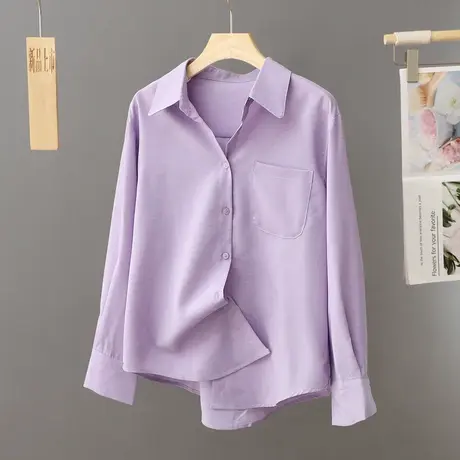免烫抗皱早春衬衫女上衣纯色简约宽松紫色法式百搭打底衫衬衣长袖商品大图