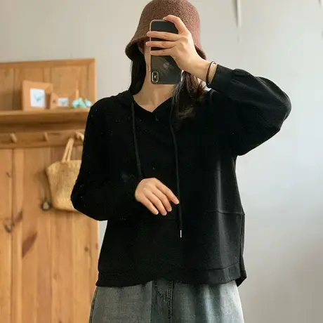 dza 复古黑色纯棉开叉连帽卫衣女春宽松休闲长袖上衣外穿运动外套图片