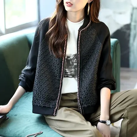 宝诗黎秋季休闲黑色女装钉珠拼接上衣女新款2023短款长袖外套百搭图片