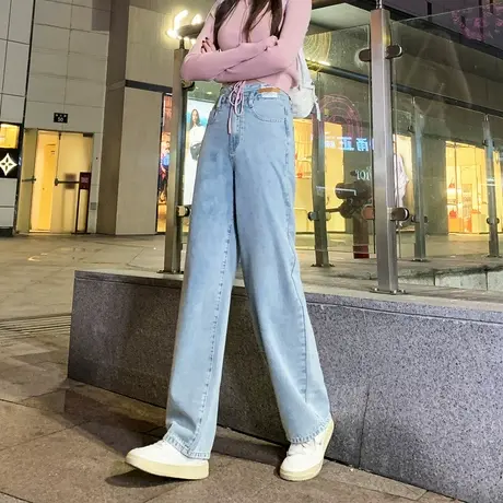 唐狮24春季新款高腰牛仔裤女阔腿裤显瘦显高潮流百搭设计感裤子图片