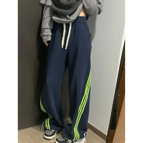 设计感阔腿休闲运动裤女春秋2024新款韩版宽松高腰条纹拖地裤子潮商品大图
