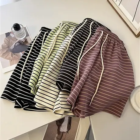 条纹短裤女夏季宽松百搭休闲运动阔腿健身居家外穿抽绳高腰裤子潮商品大图