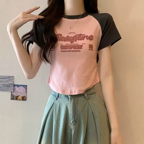 辣妹插肩短袖t恤女夏季新款设计感小众修身显瘦短款正肩上衣小衫商品大图