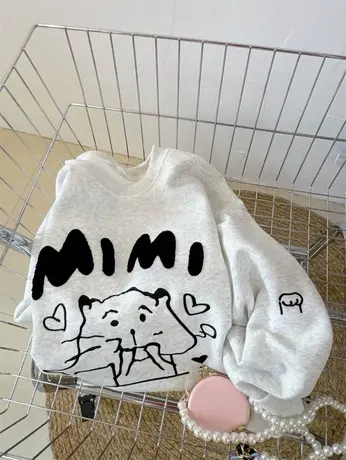 调皮小猫刺绣毛巾绣字母简约洋气宽松上衣女春装圆领INS韩系卫衣商品大图