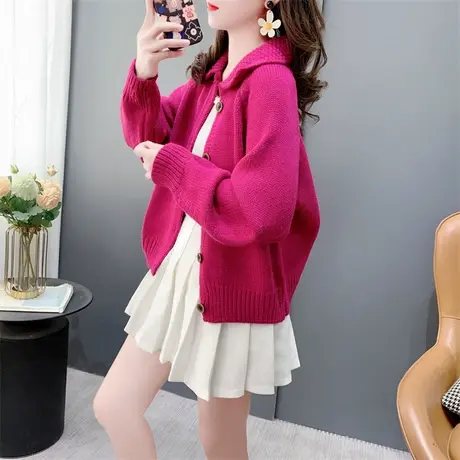 韩版翻领针织开衫女短款小个子2024新款春季宽松时尚毛衣外套上衣商品大图