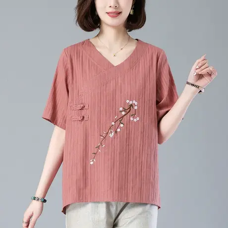 妈妈装夏款棉麻短袖女宽松加大码女装中老年人洋气休闲显瘦薄上衣商品大图