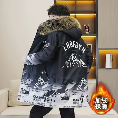 【80-230斤】男士冬季棉衣中长款加绒加厚外套大码学生大毛领棉袄商品大图