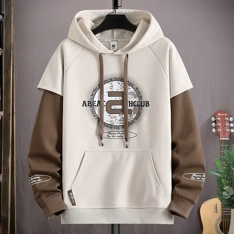 假两件连帽卫衣男春秋款字母印花外套男潮牌青少年休闲运动打底衫图片