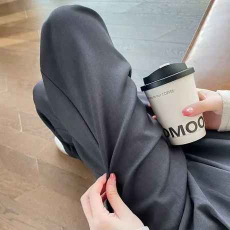 灰色窄版阔腿裤女春秋2024新款高腰显瘦垂感休闲直筒拖地西装裤子图片