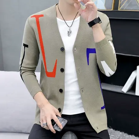 毛衣男士外套韩版个性字母刺绣针织夹克潮牌宽松休闲帅气外穿开衫商品大图