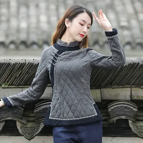 改良唐装上衣女冬款加厚保暖年轻款盘扣居士服茶艺师外套中式女装商品大图